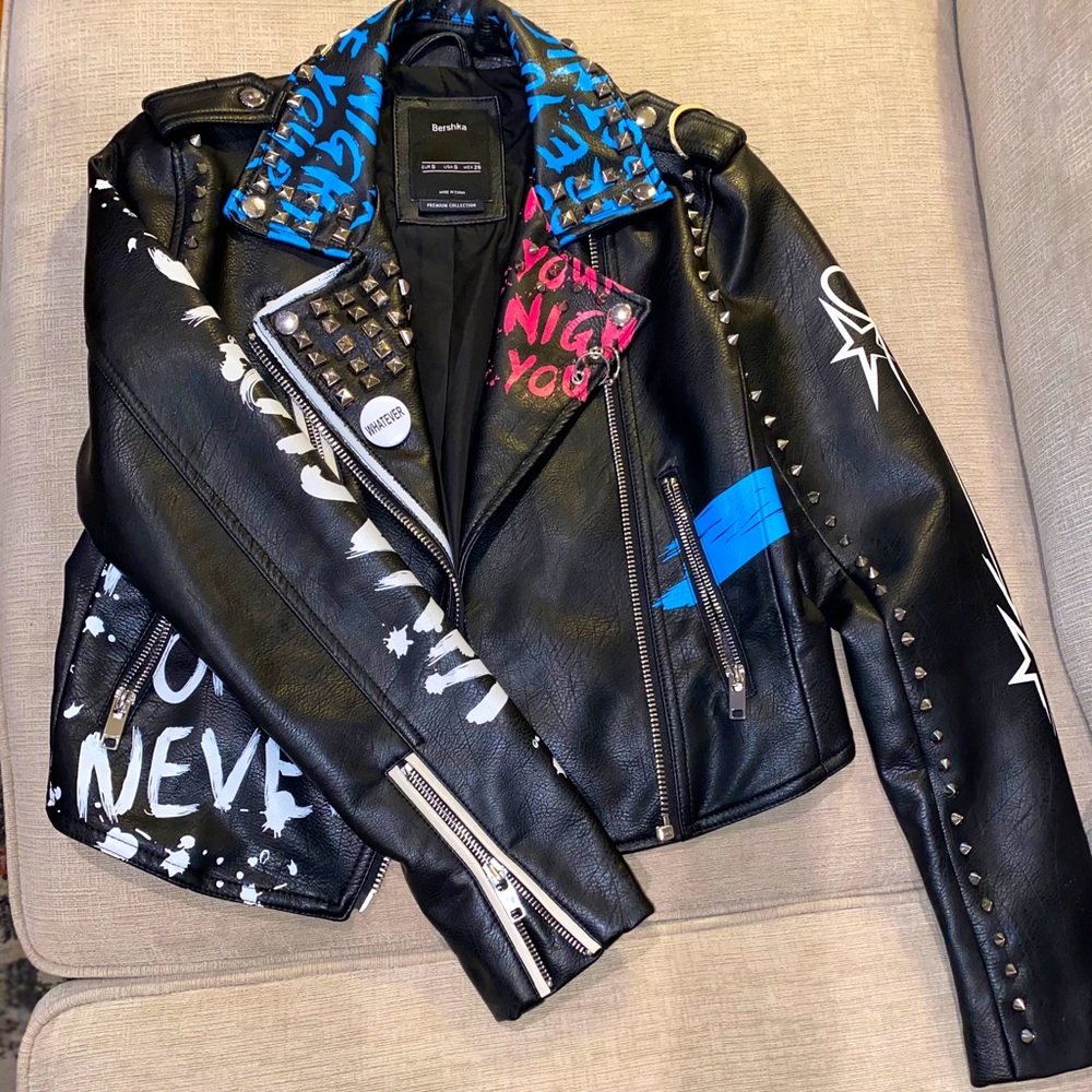 Bershka Premium Collection Graffiti Leather Jacket